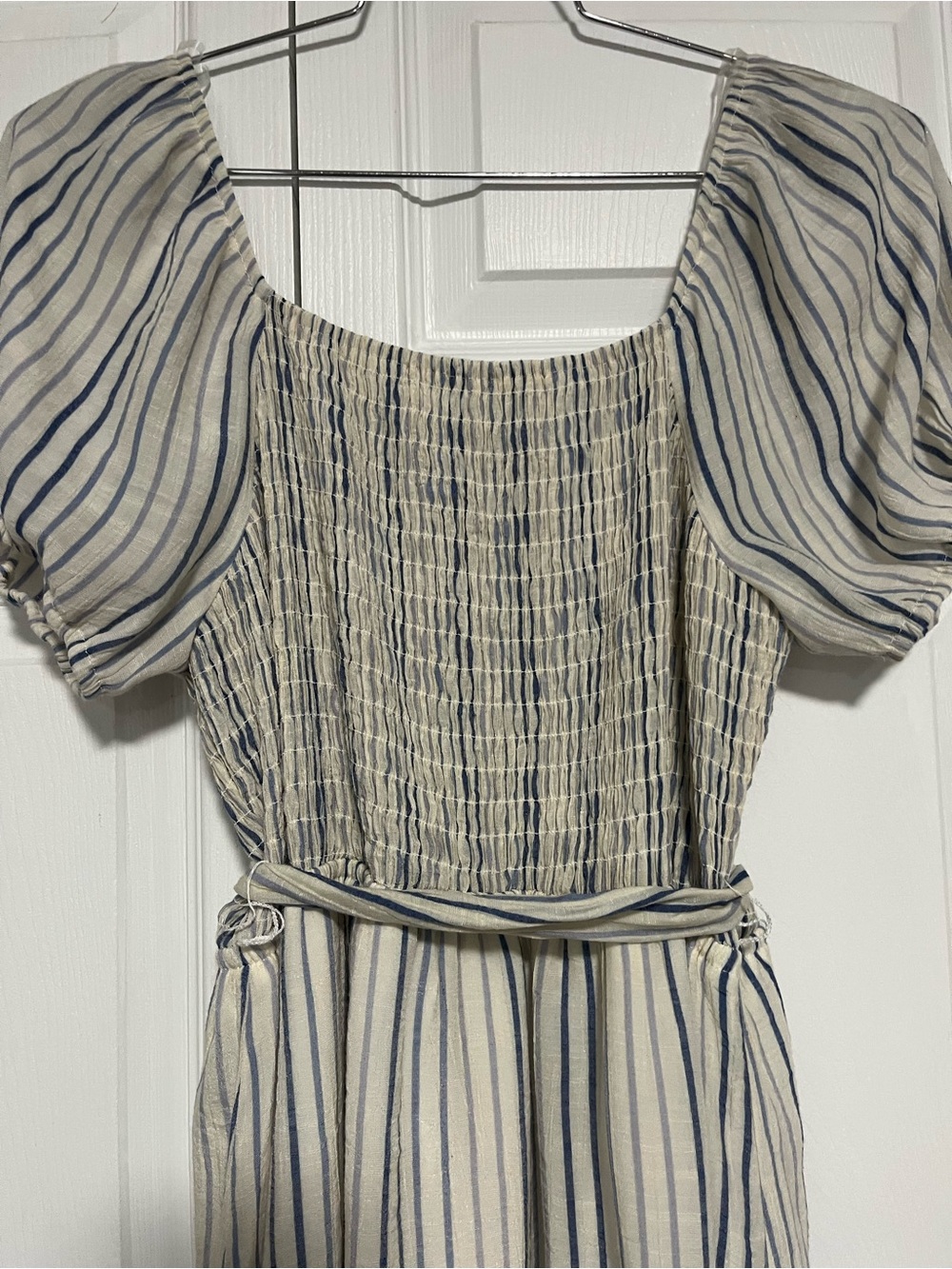 Indigo Rose Blue and White Striped Midi Dress with Puff Sleeves